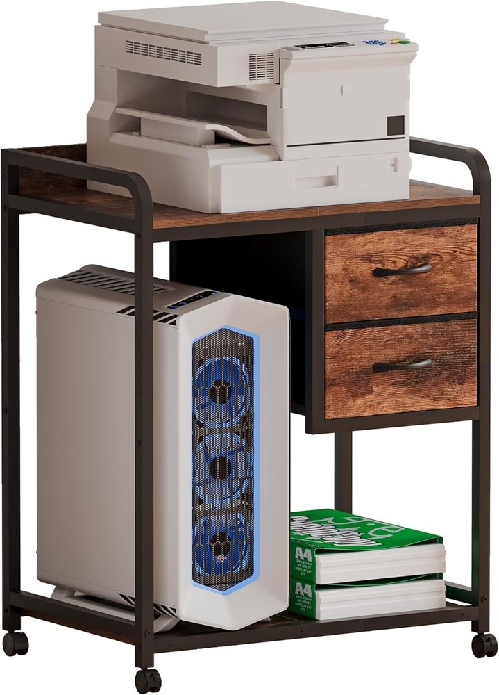 Large Printer Stand W/ 2 Fabric Drawers Mobile Printer Table W/ Wheels &