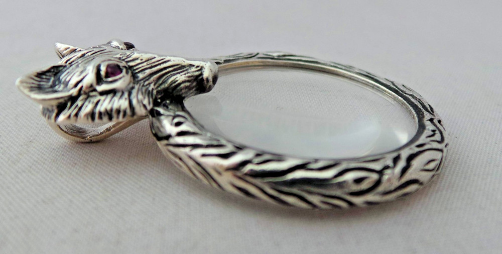 VERY NICE SOLID STERLING SILVER FOX DESIGN MAGNIFYING GLASS PENDANT