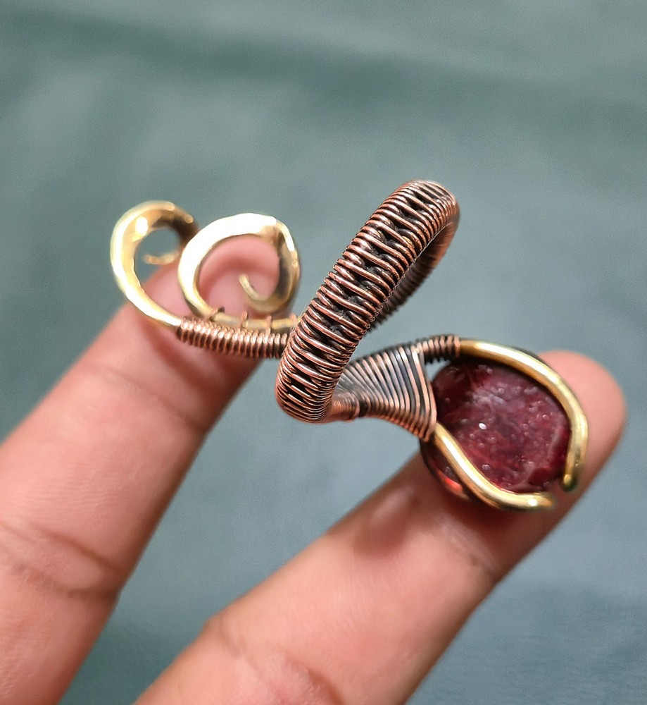 Red Fire Labradorite Ring Two Tone Copper Jewelry Adjustable Ring For Gift