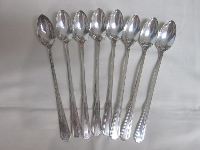 8 International Silverplate Iced Tea Spoons - Broadway  1940 Art Deco