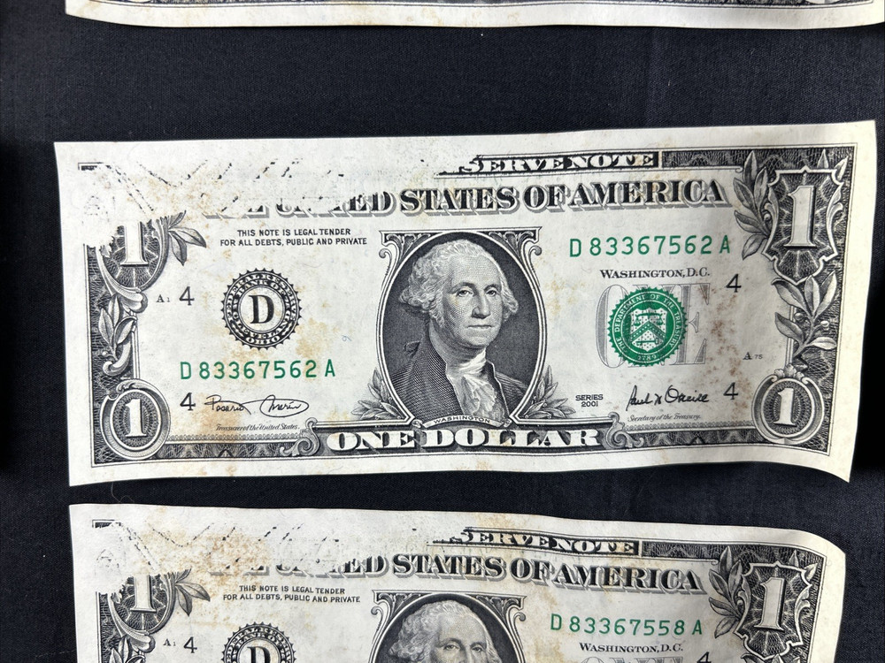 10 US ONE DOLLAR FEDERAL RESERVE NOTES SERIES 2001 INK MISSING PRINTING ERROR