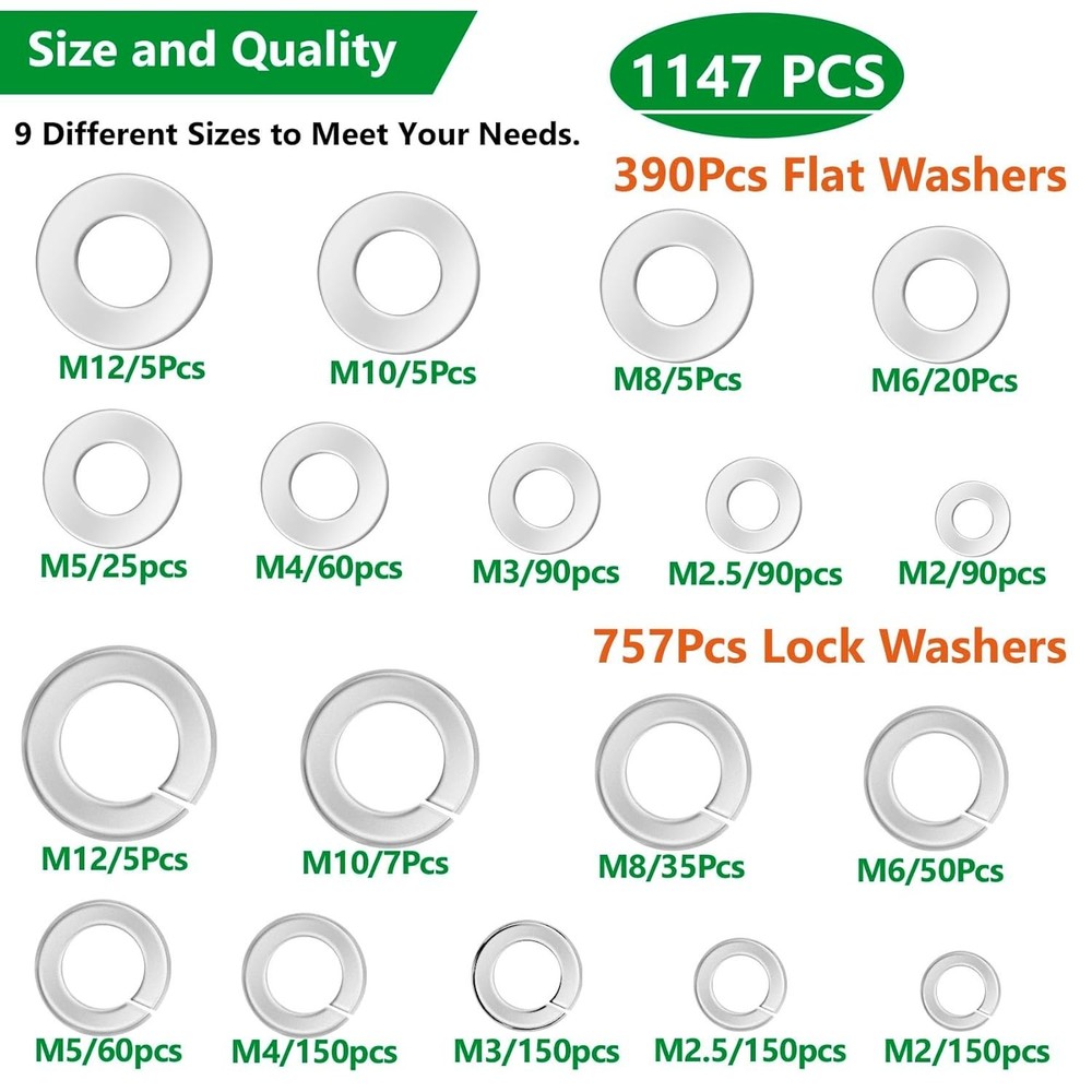 1147PCS Flat and Spring Lock Washers Assortment Kit, Metric Split Lock Washer...