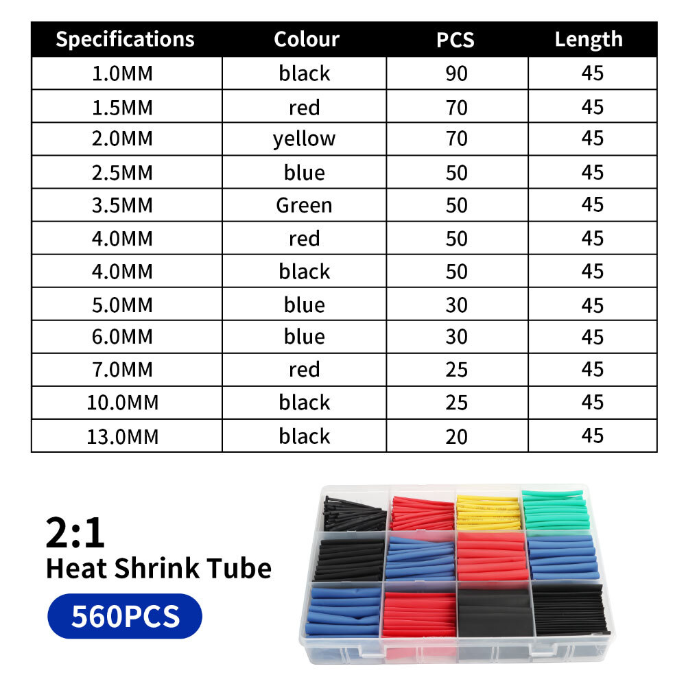 560 Pcs HEAT SHRINK Tubing Sleeve 3:1 Shrinkable Tube Wire Cable Assortment Kit