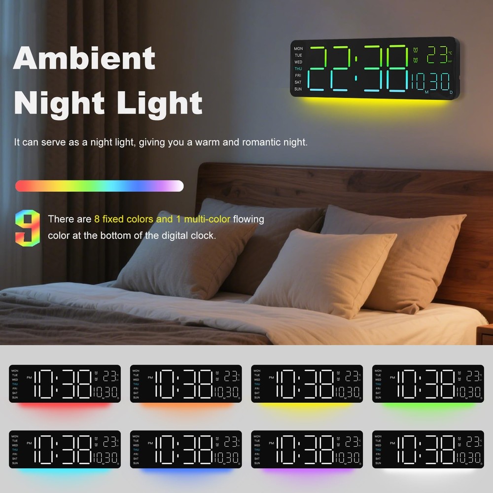 LED Digital Clock Large Display with RGB Color Remote Control, 13" Large Digi...