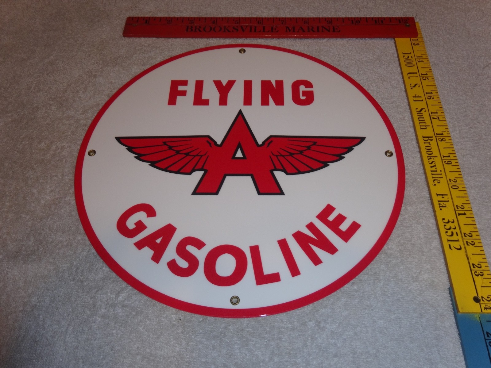 VINTAGE FLYING A GASOLINE WHITE 11 3/4" PORCELAIN METAL SERVICE STATION OIL SIGN