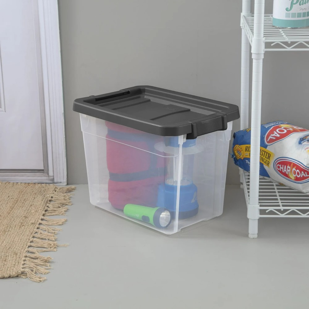 Sterilite 30 Qt Clear Stackable Storage Bin with Latch Lid, Dark Gray, 6 Pack