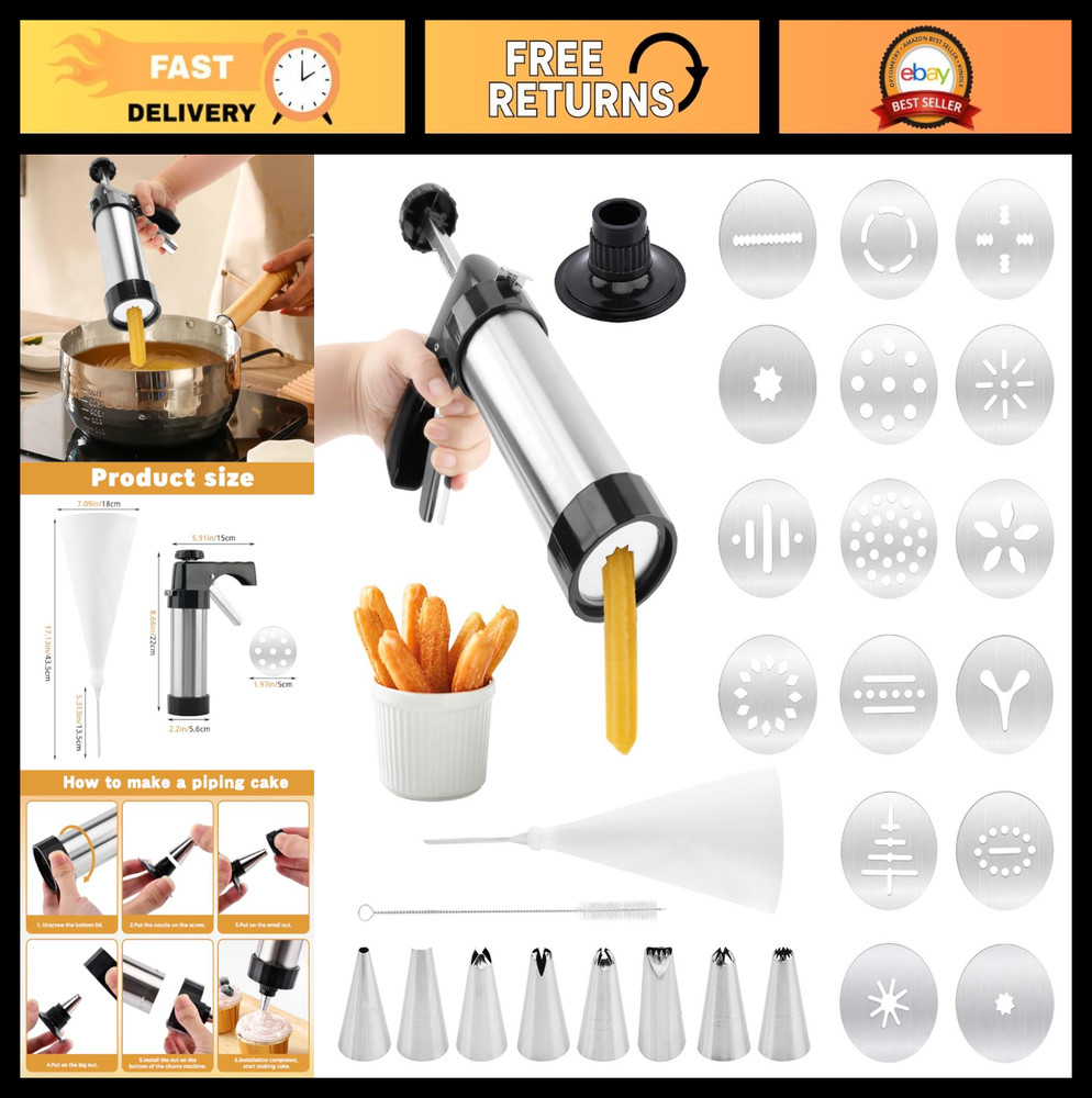 Churro Maker Machine with 16 Discs & 8 Nozzles - Multi-Function Cookie Press Kit