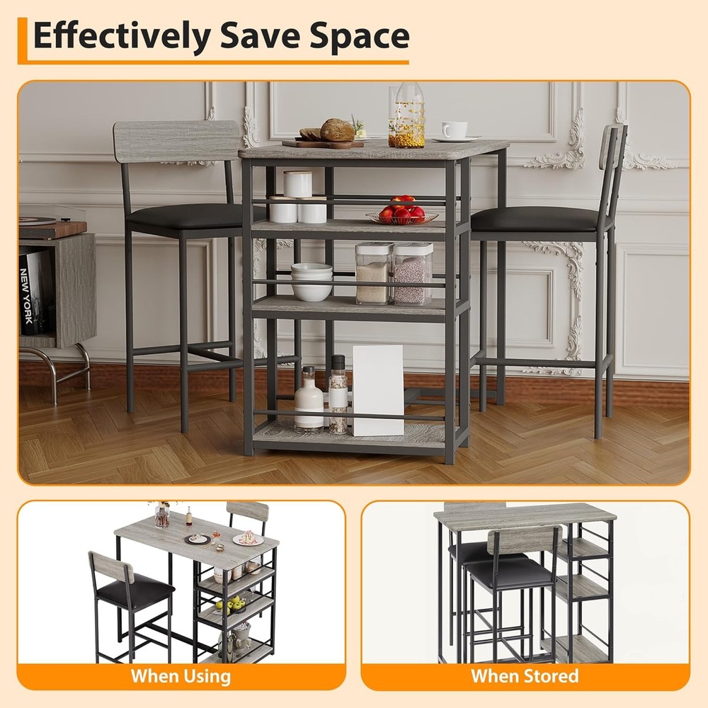 Bar Table and Stools Set for 2, Modern Dining Table Set with 3 Storage Shelves