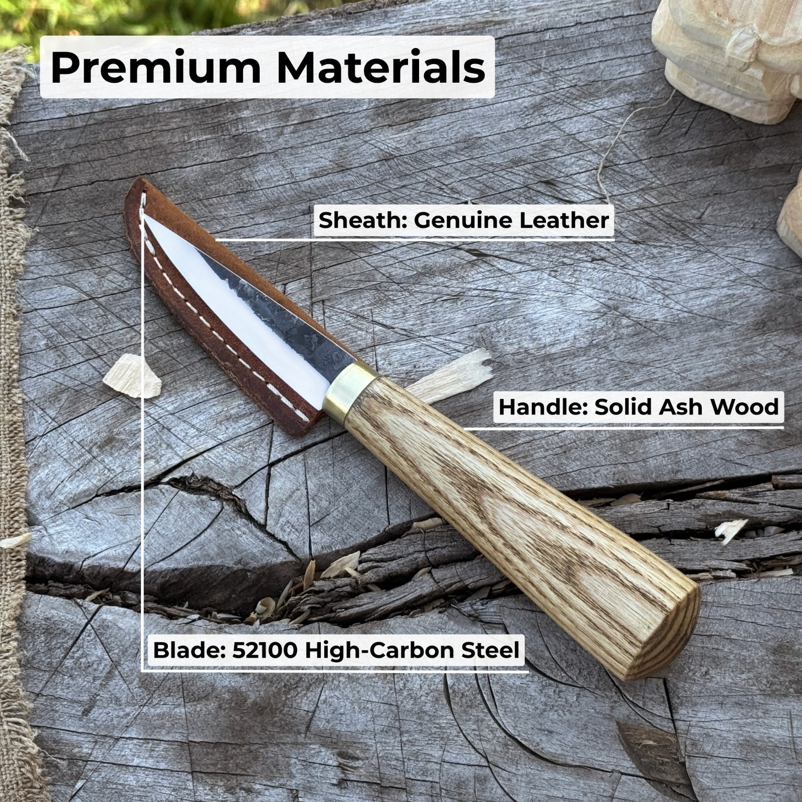 6'' Wood Carving Sloyd Knife 52100 Carbon Steel, Ash Handle, Leather Sheath
