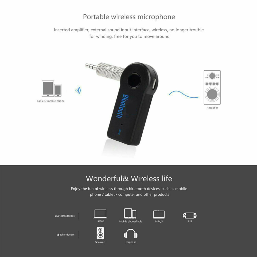 2 Pack Wireless Bluetooth Receiver 3.5mm AUX Audio Stereo Music Home Car Adapter