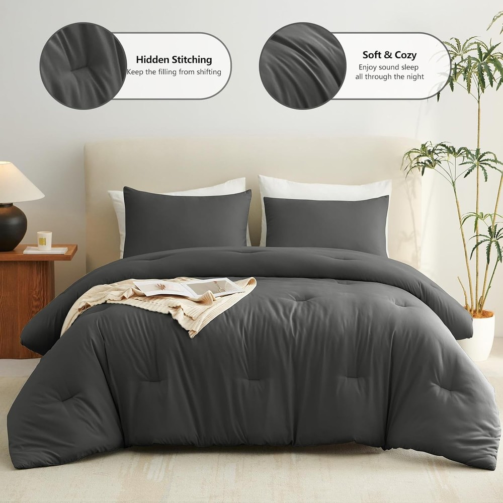 Queen Comforter Set Dark Grey 1 Comforter & 2 Pillowcases Quilted Microfiber
