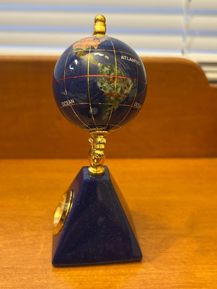 World Globe with Clock Blue Lapis Stone Gemstone 5" Desktop