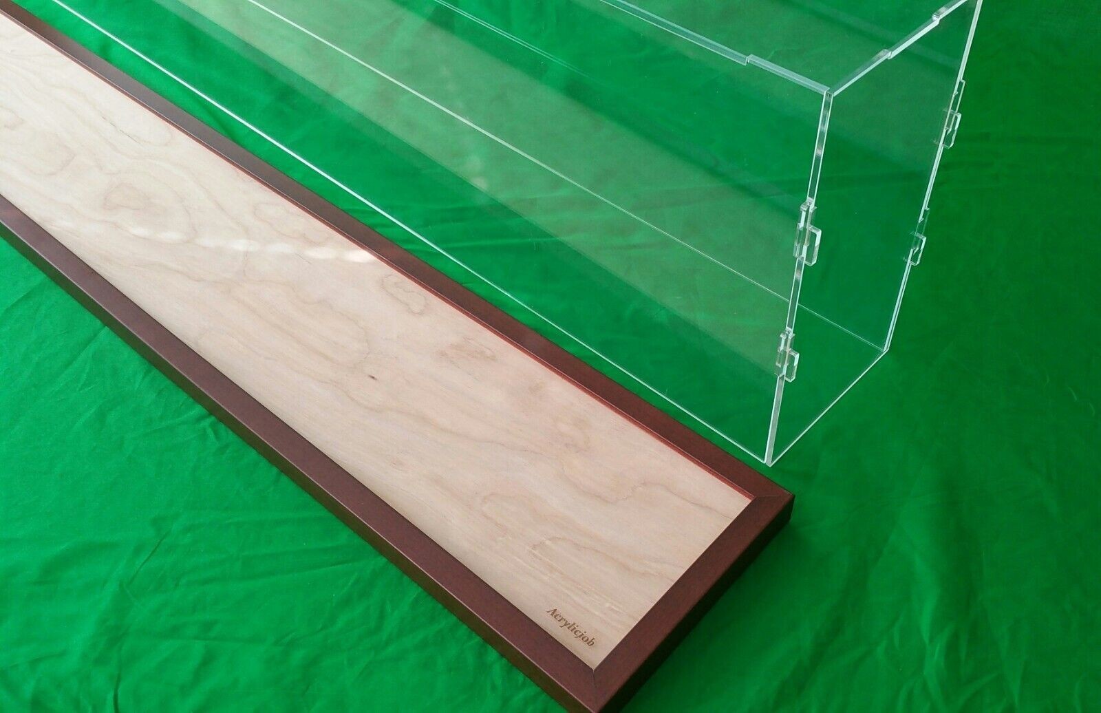 29"L x 11"W x 7"H display case with 3/16" thick acrylic brown wood frame base