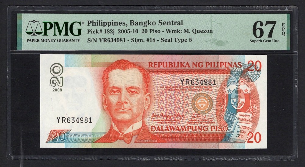 Philippines 20 Piso 2008 P182j Uncirculated Grade 67