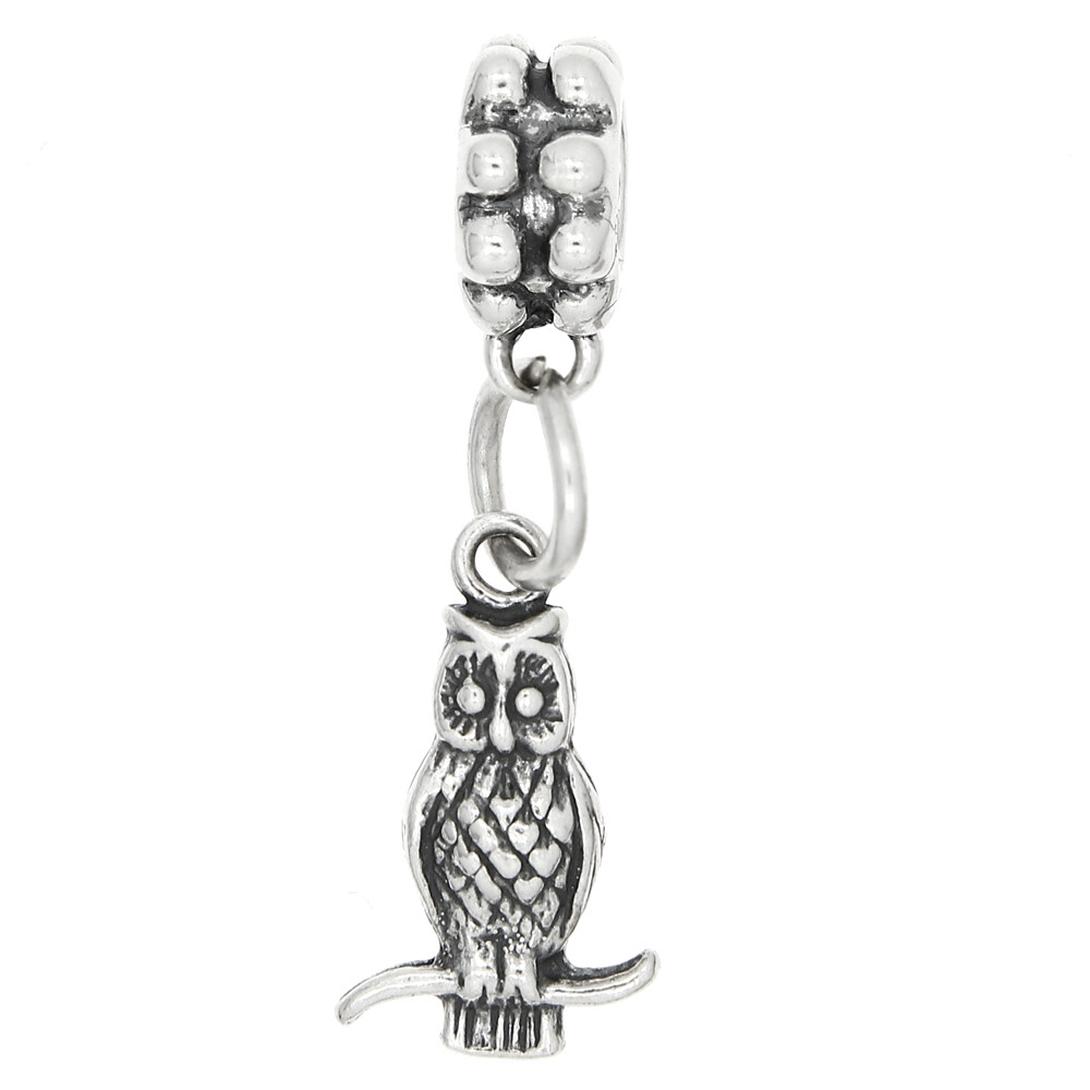 Sterling Silver Owl on Branch Dangle Bead Charm