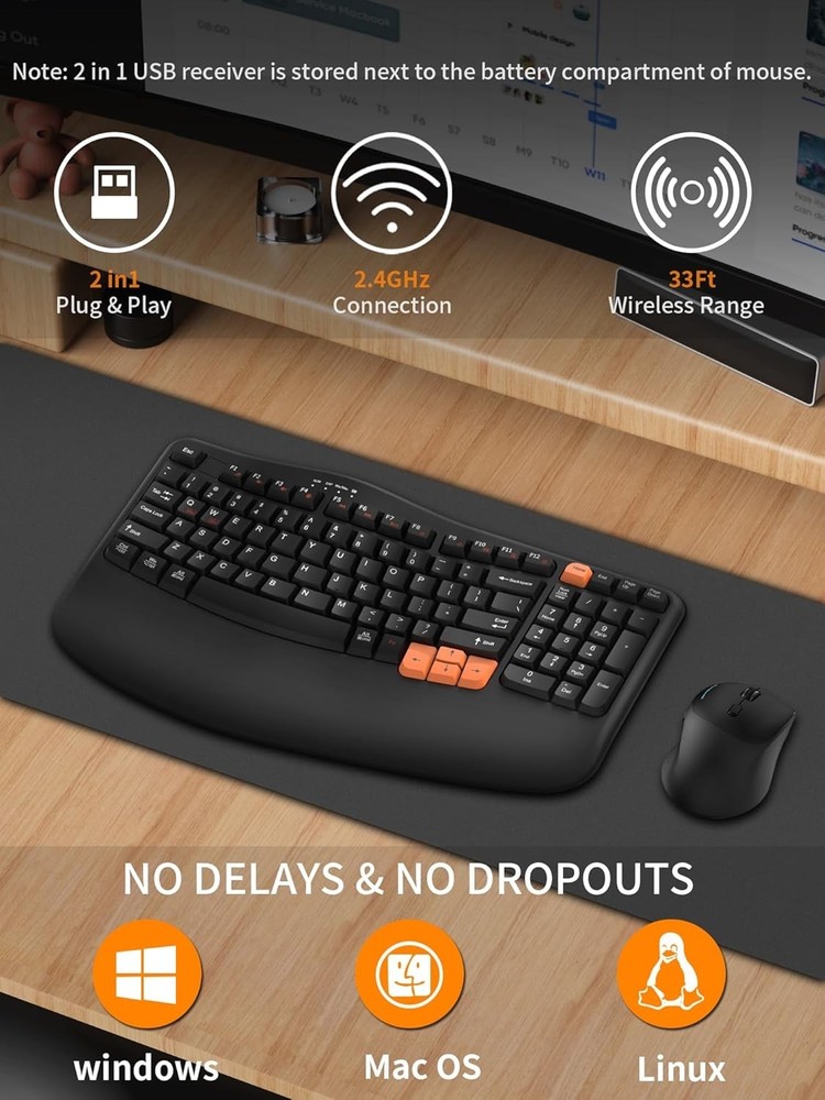 Wireless Keyboard & Mouse Combo,2.4G Wave Keys-Black *Please read description*