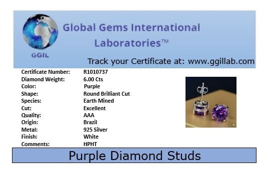 6 Ct Purple Diamond Solitaire Studs, Great Sparkle - 925 Silver-Tariffs FREE