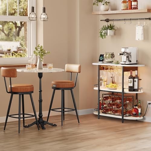 Bar Cabinet with LED Lights and Power Outlets, Rustic White Rustic