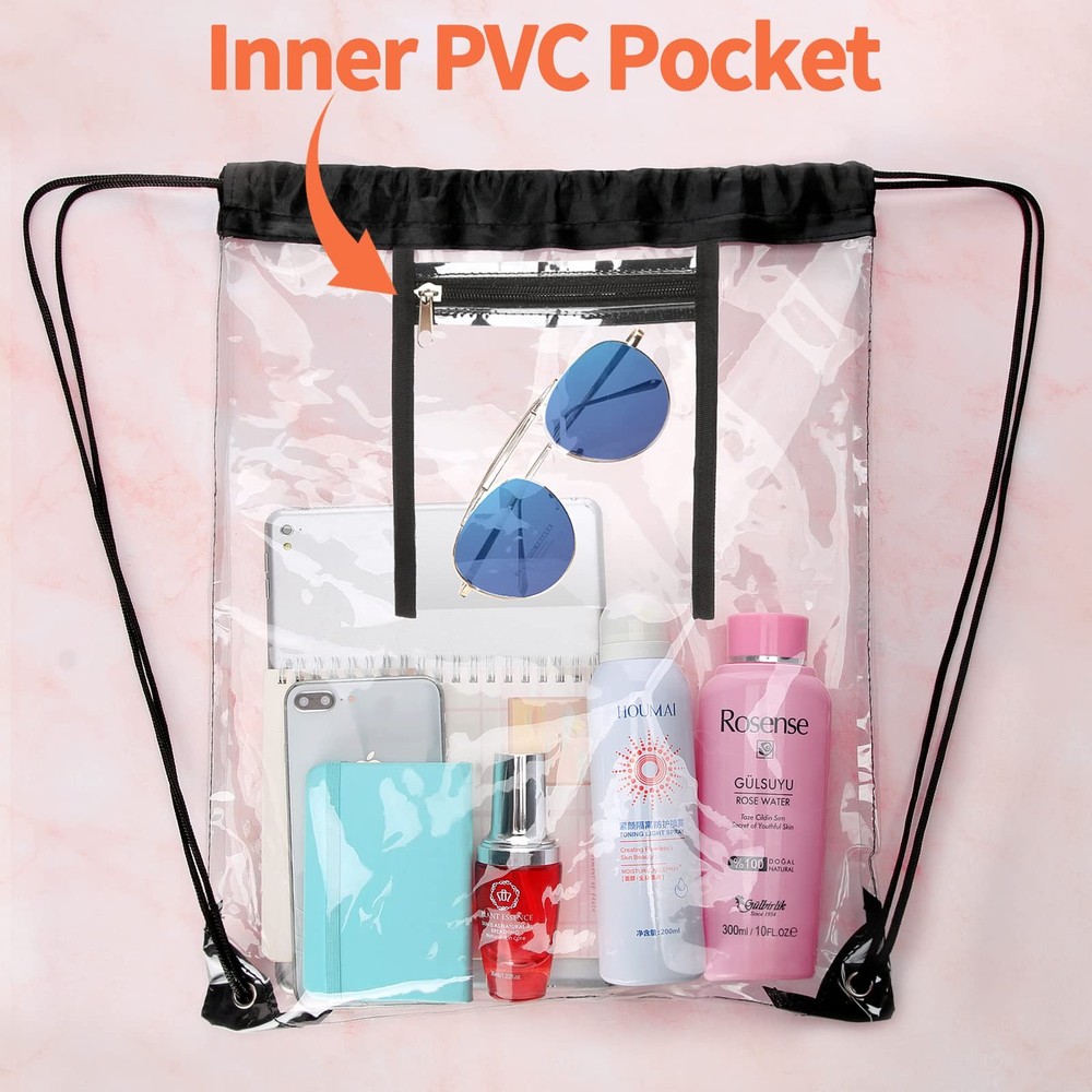 2 PACK Clear Drawstring Bag Stadium Approved, See Through PVC One Size, Black