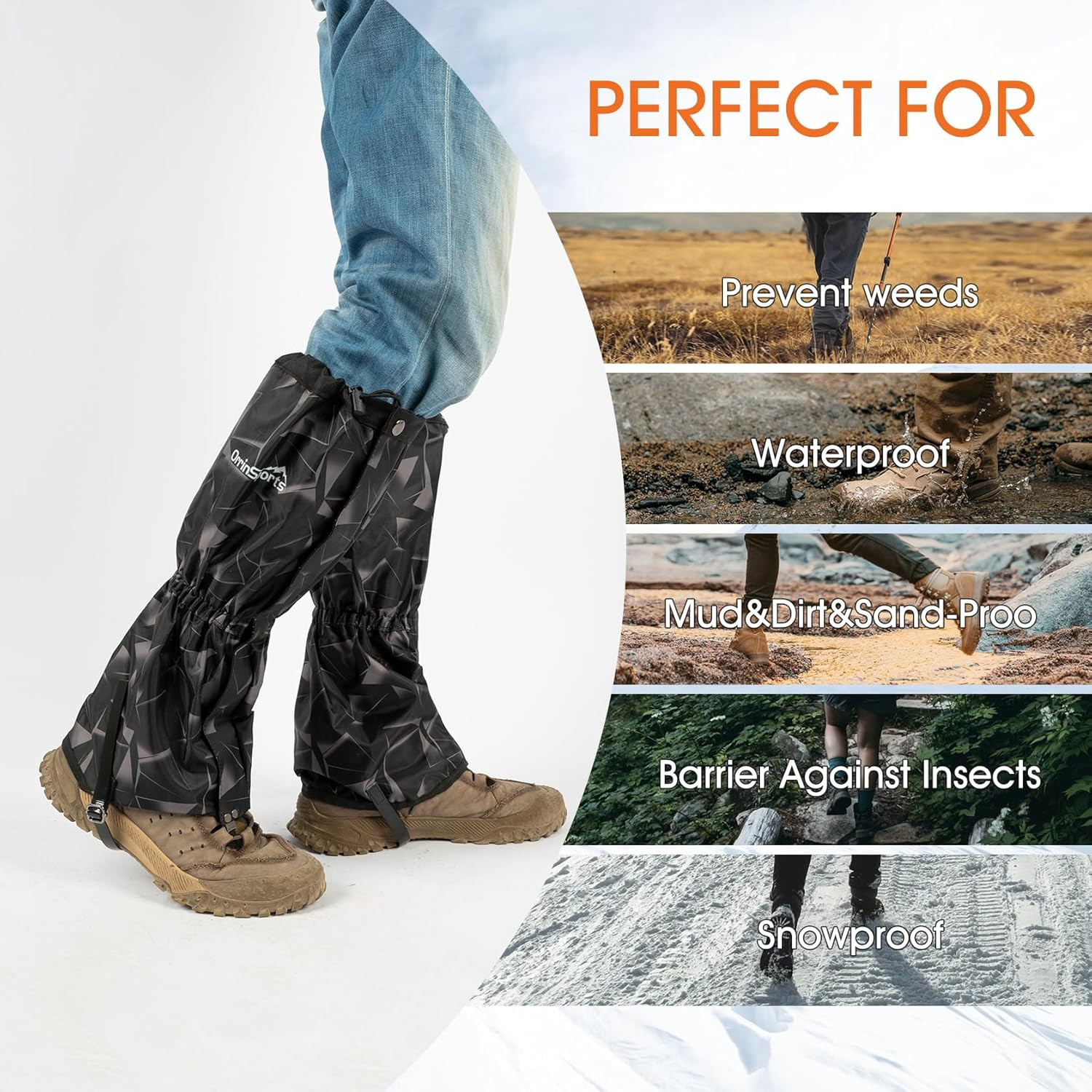 Waterproof Adjustable Leg Gaiters for Men and Women Snow Boot Gaiters for Hiking