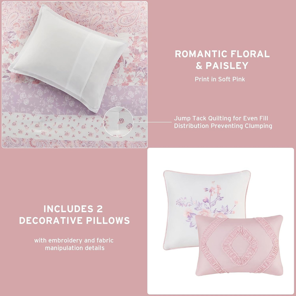 Queen Comforter Set, Romantic Floral & Paisley, Solid Reverse, Microfiber Lightw