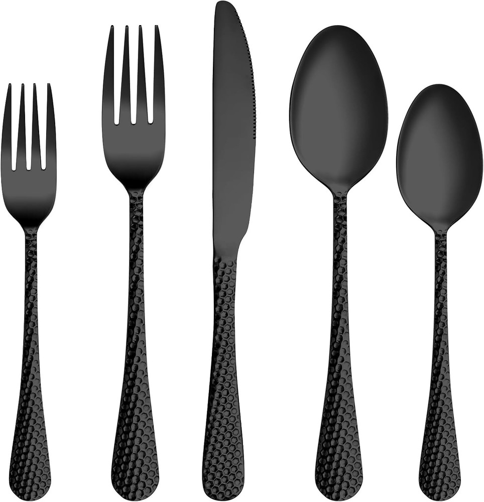 30 Pcs Black Hammered Silverware Set Service for 6,Stainless Steel Flatware Set,