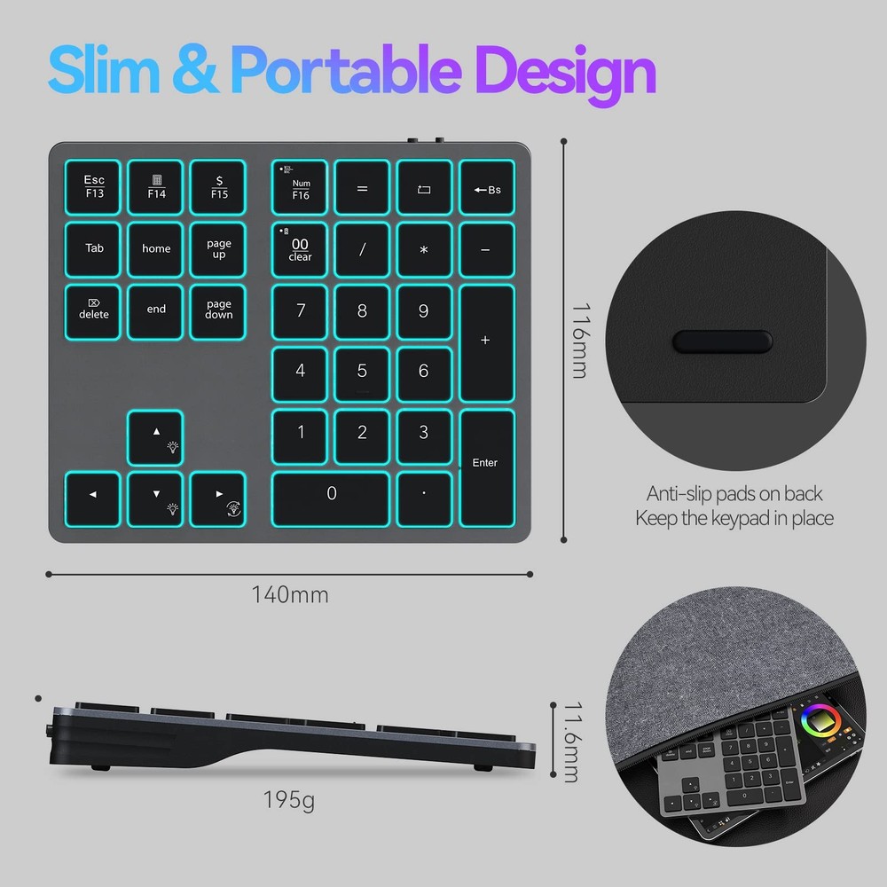 Backlit Bluetooth Numeric Keypad for Laptops and Computers, Number Pads 34 Ke...