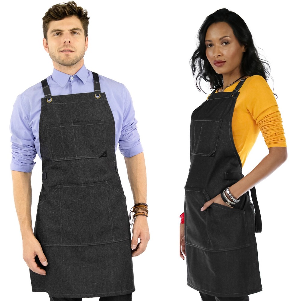 Work Apron - Pro Denim or Twill, Leather Trim, CrossBack - Chef, Bartender