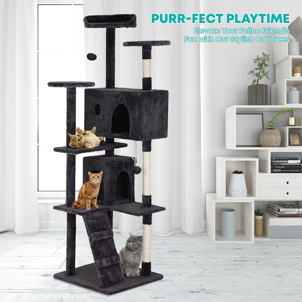 | 70" Cat Tree Tower | Dark Gray | Multi-Level Indoor Activity Center with Si...