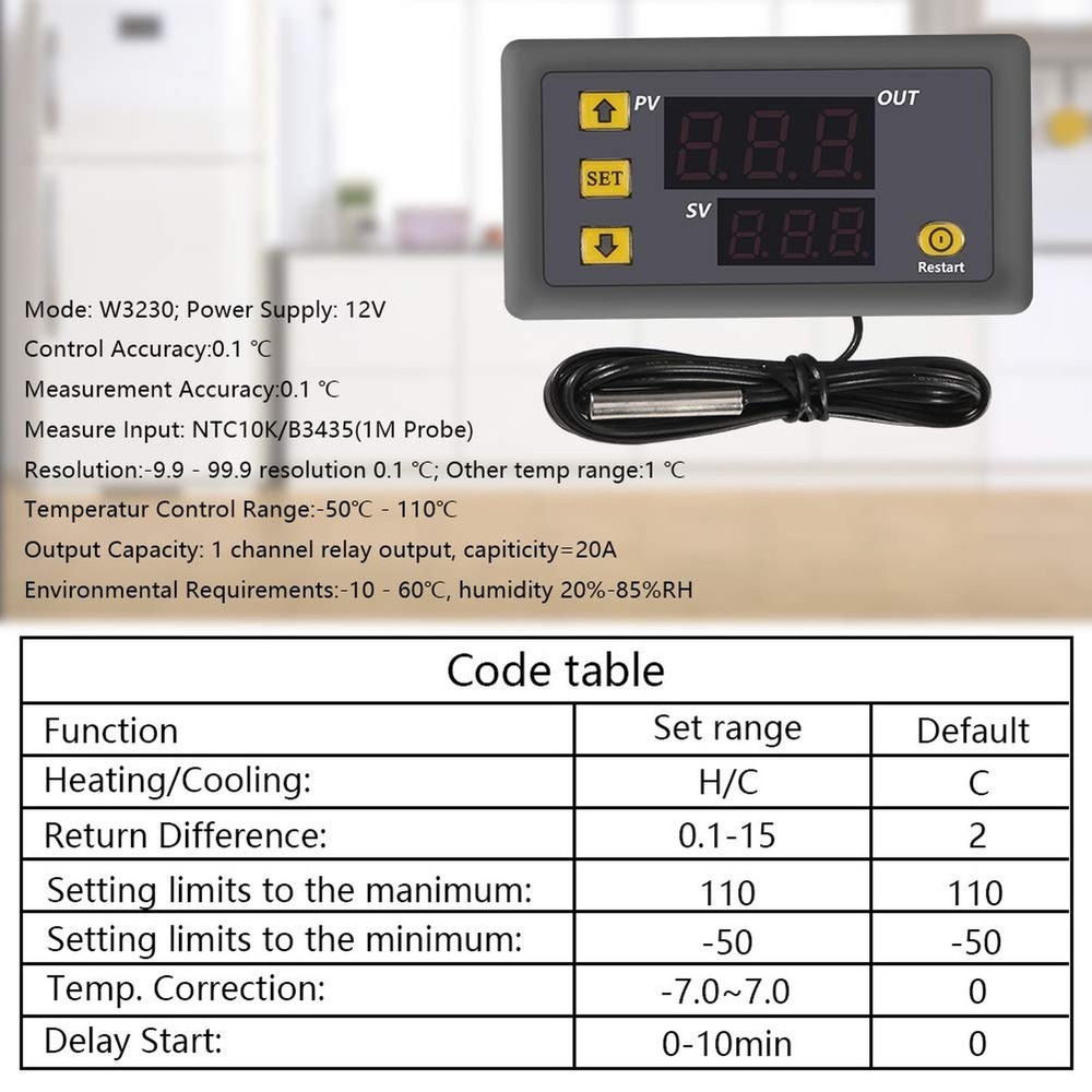Digital Temperature Controller, W3230 AC110-220V LED Digital Temperature Cont...