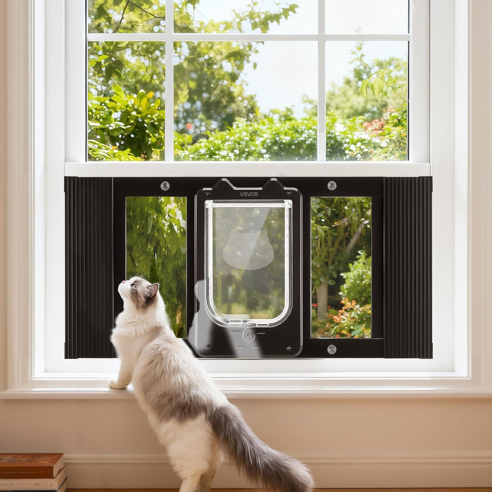 Cat Door for Window, Adjustable to Fit Window Width 27"-32", 4 Secure Lock Modes