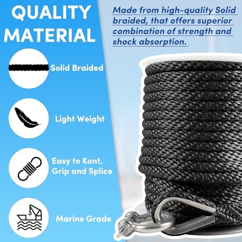 Premium Anchor Rope 50 ft x 1/2 inch, Solid Braid MFP Anchor 1/2inx50ft Black