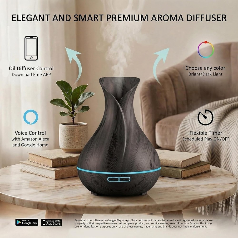 400ml Ultrasonic Smart Diffuser with App & Voice Control - Dark Brown Design