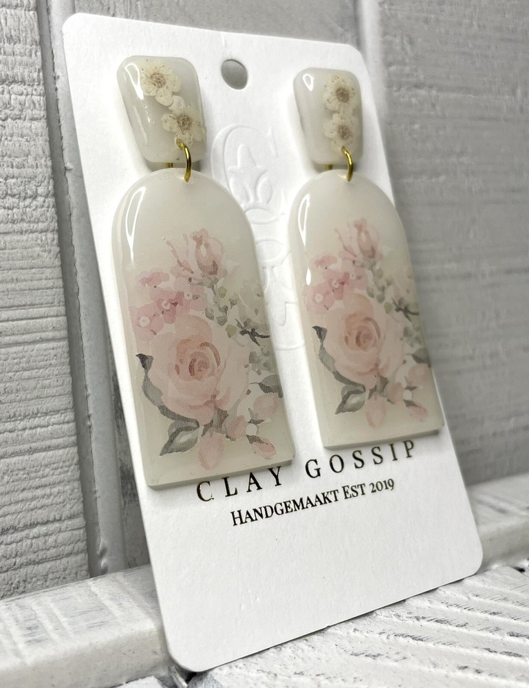 Clay Gossip Floral Dangle / Drop Earrings Post Backing Delicate Design 2.25”