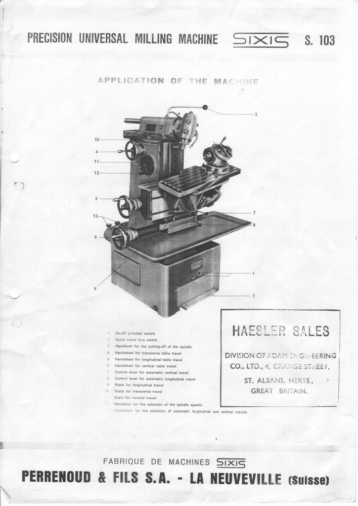 Operator Manual Fits Sixis S 103 Precision Universal Milling Machine