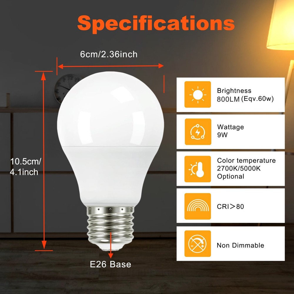 12 Pack A19 LED Light Bulbs 9W Equivalent 60W No-Dimmable Daylight 5000K E26