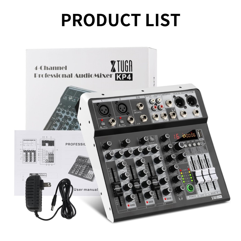 XTUGA KP4 4 Channel Audio Mixer, 16-Bit DSP Effect USB Audio Interface Effect...