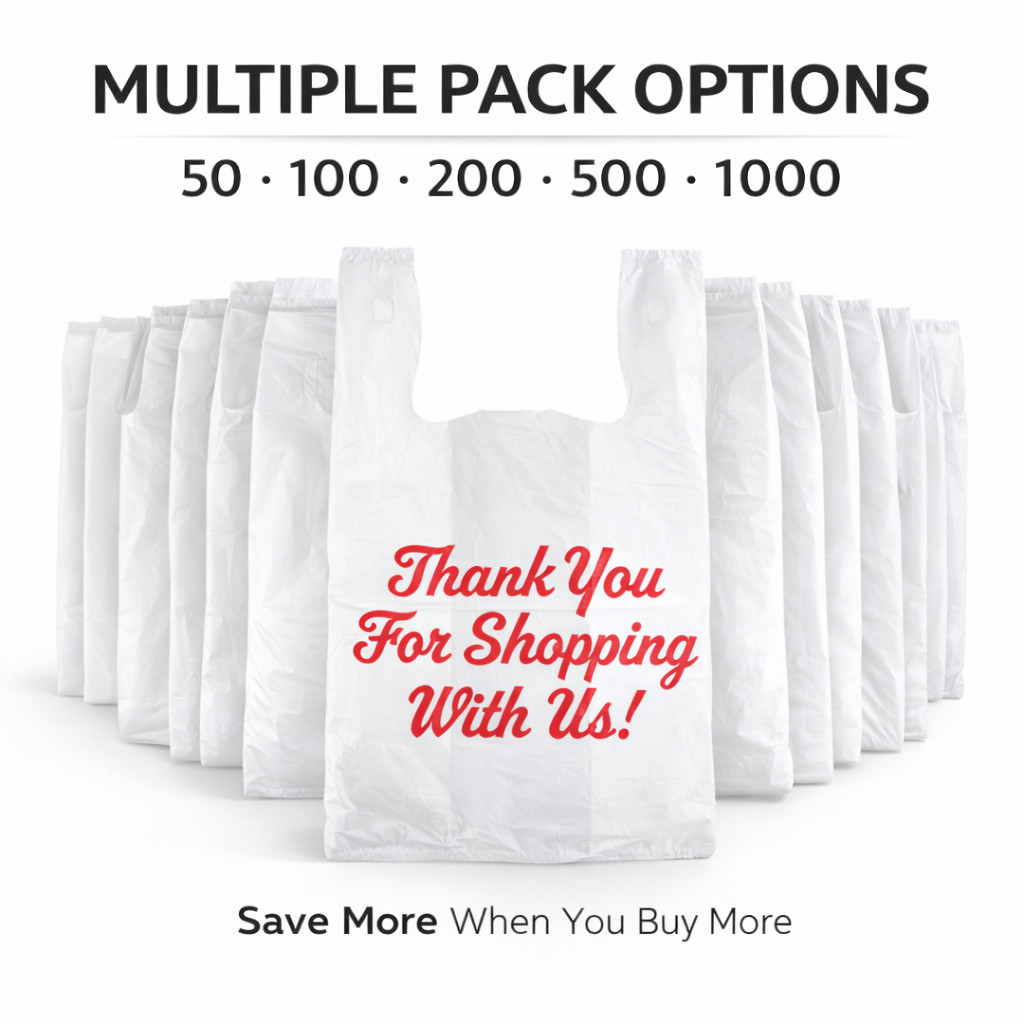 1/5 Large Thank You T-Shirt Plastic Bags 23x13x8 in 0.67 Mil Grocery Carryout