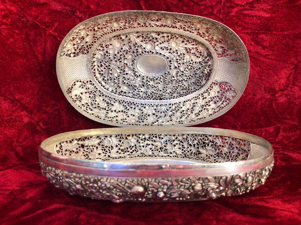 Antique Chinese Sterling Silver Open Work Hinged Signed Box