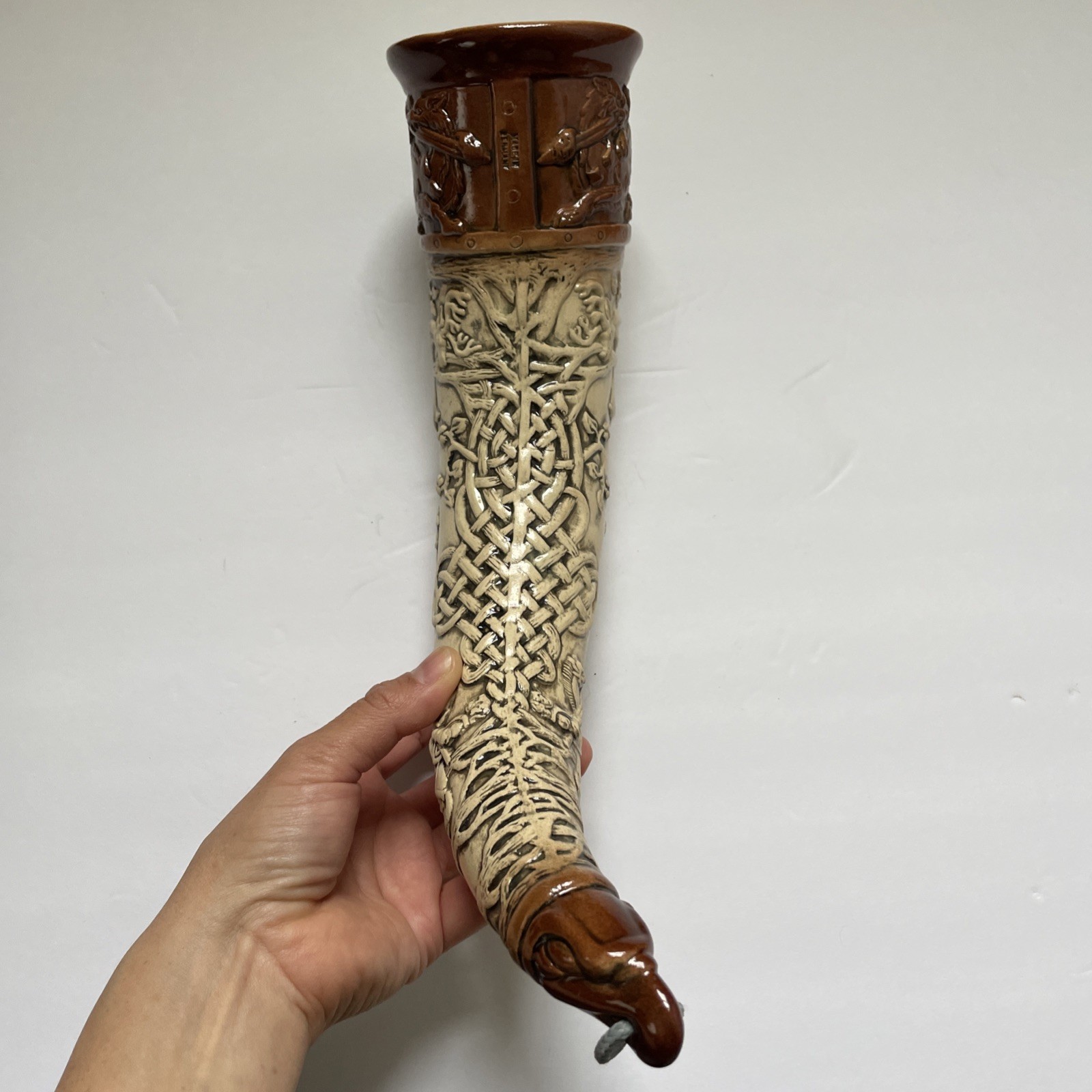 Horn Of CuChulainn German Drinking Horn Ceramic Raised Relief Irish Hero