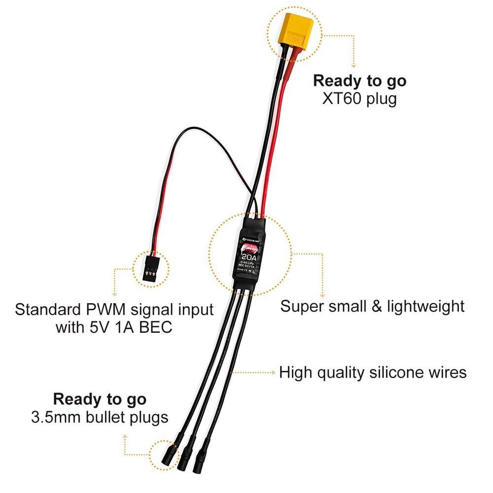 20A Brushless ESC, HAWKS WORK, Electric Speed Controller, BEC 5V 1A, XT60