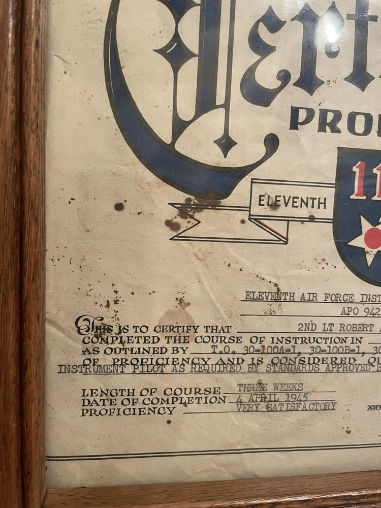 WWII 1945 11th Air Force Pilot Proficiency Certificate Instrument Course Named
