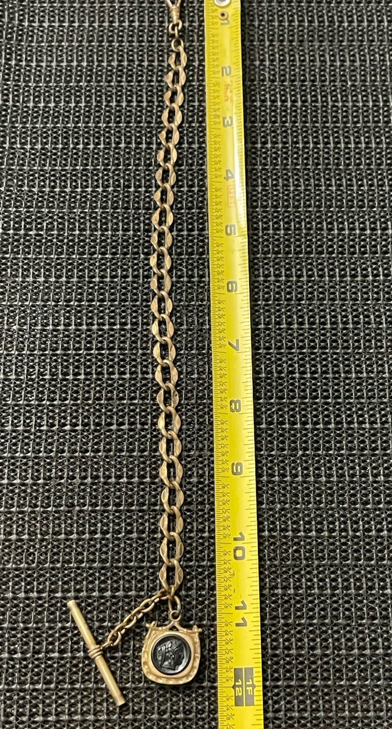 Antique E MFG CO Gold Filled Albert Pocket Watch Chain 12” Pendant FOB w/ T-Bar