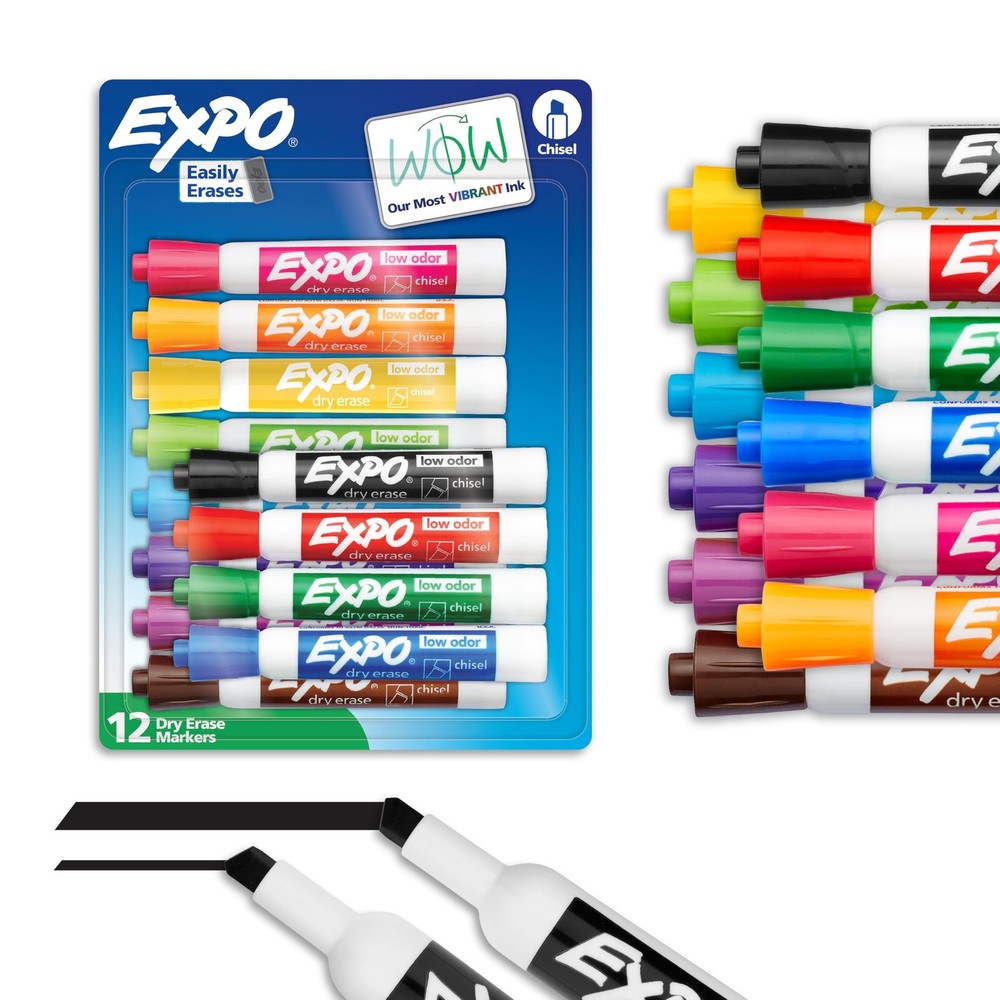 Dry Erase Markers Chisel Tip Low Odor Assorted Colors 12 Pack