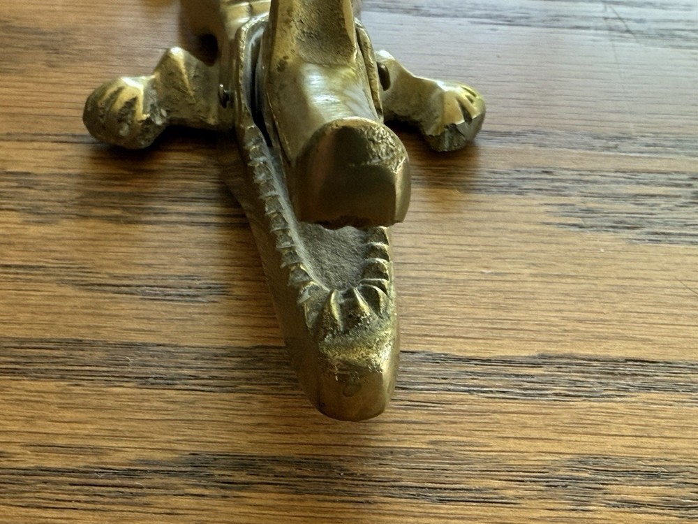 Vintage Solid Brass Alligator Crocodile Nutcracker MCM Figurine 10"