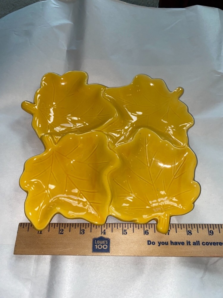 VINTAGE 4 LEAVES COMPARTED DISH GOLD COLORED
