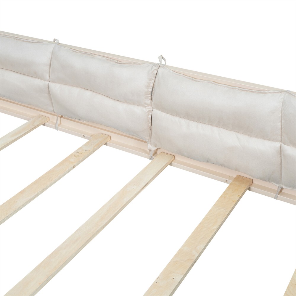 Full Size Bed Frame Upholstered Platform Bed Frame w/ Headboard Beige US