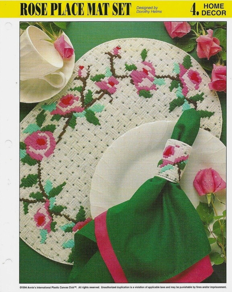 NEW ROSE PLACE MAT SET & NAPKIN RING ANNIE'S PLASTIC CANVAS PATTERN INSTRUCTIONS