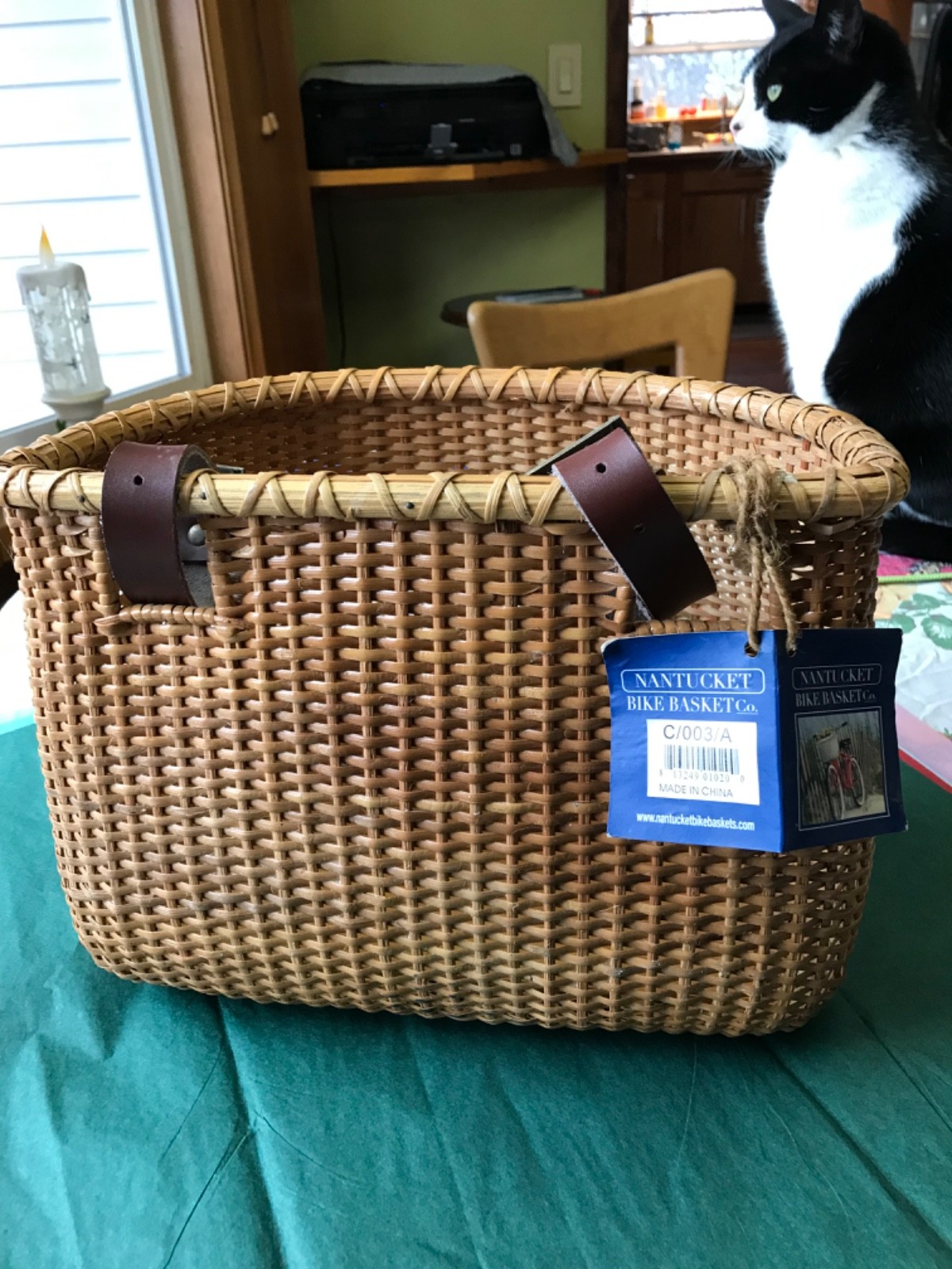 L.L.Bean Nantucket wicker bike basket used once with tags leather straps