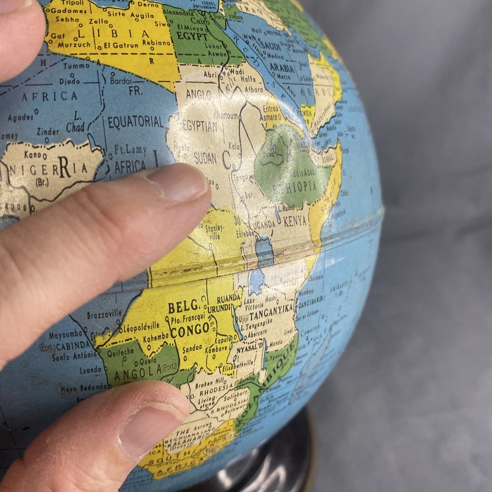 Vintage Metal Globe Map Brass Dial 11” Tall